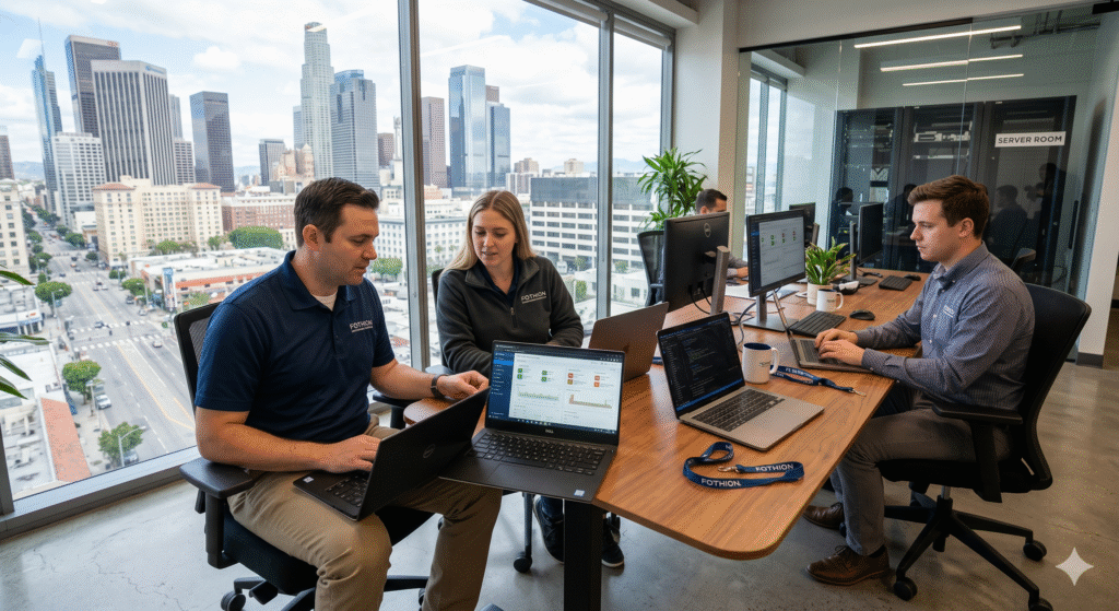 Fothion technicians monitor cloud computing systems and cyber threat protection interfaces from their laptops to assist a Los Angeles hybrid business.