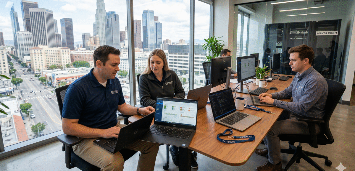 Fothion technicians monitor cloud computing systems and cyber threat protection interfaces from their laptops to assist a Los Angeles hybrid business.