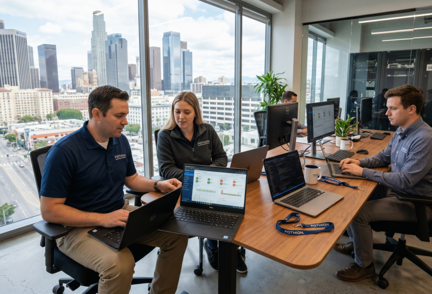 Fothion technicians monitor cloud computing systems and cyber threat protection interfaces from their laptops to assist a Los Angeles hybrid business.