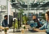 A pleasant, bright, modern corporate office in Los Angeles under natural daylight with logistics professionals working seamlessly on laptops